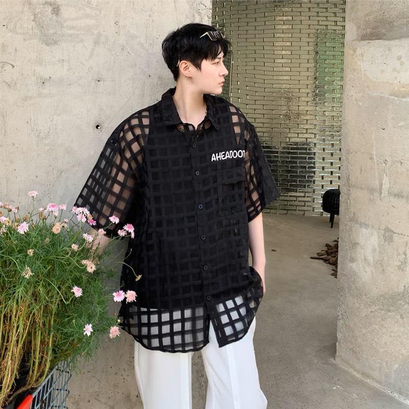 Áo sơ mi tay lỡ nam nữ voan lưới caro AHEADOOTD cao cấp