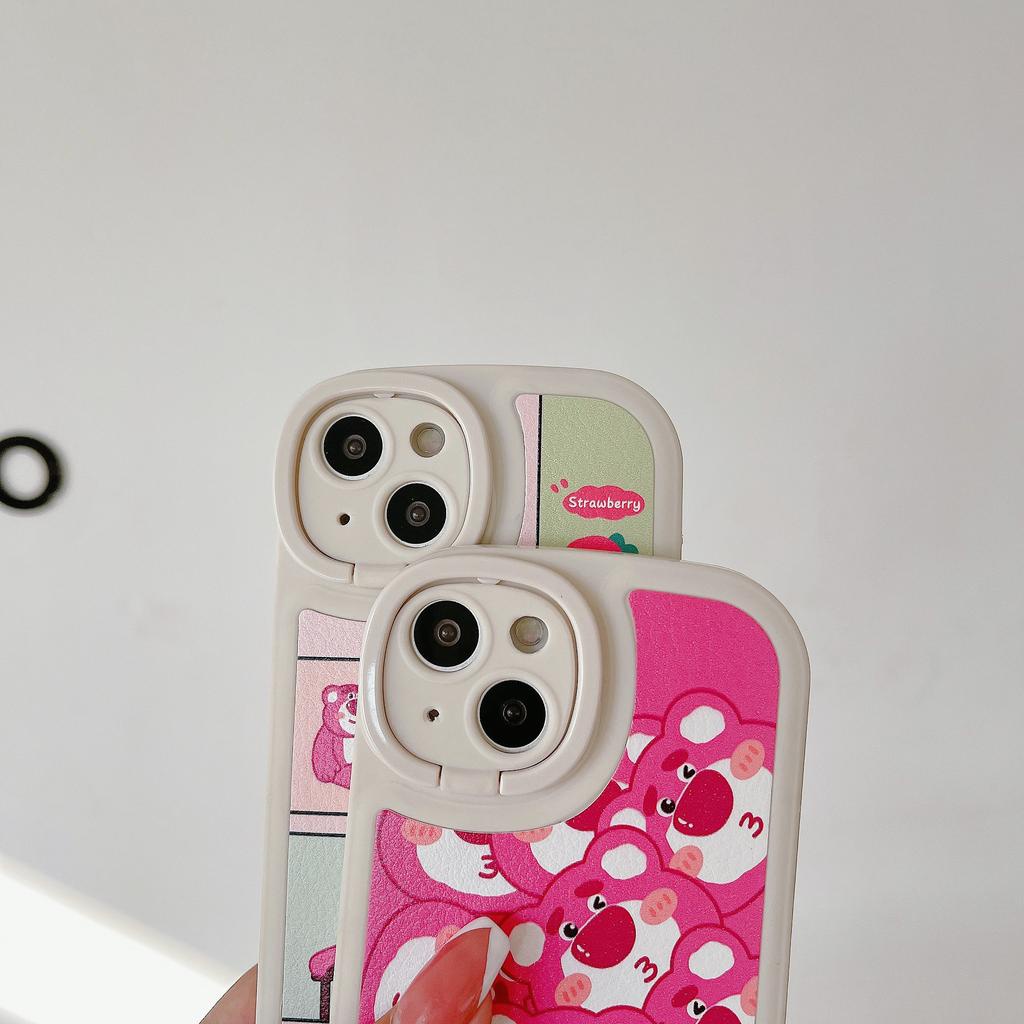 Ốp Điện Thoại Da Họa Tiết Gấu Dâu Tây Kèm Giá Đỡ Cho IPhone 14promax 14 13promax 13 12 11