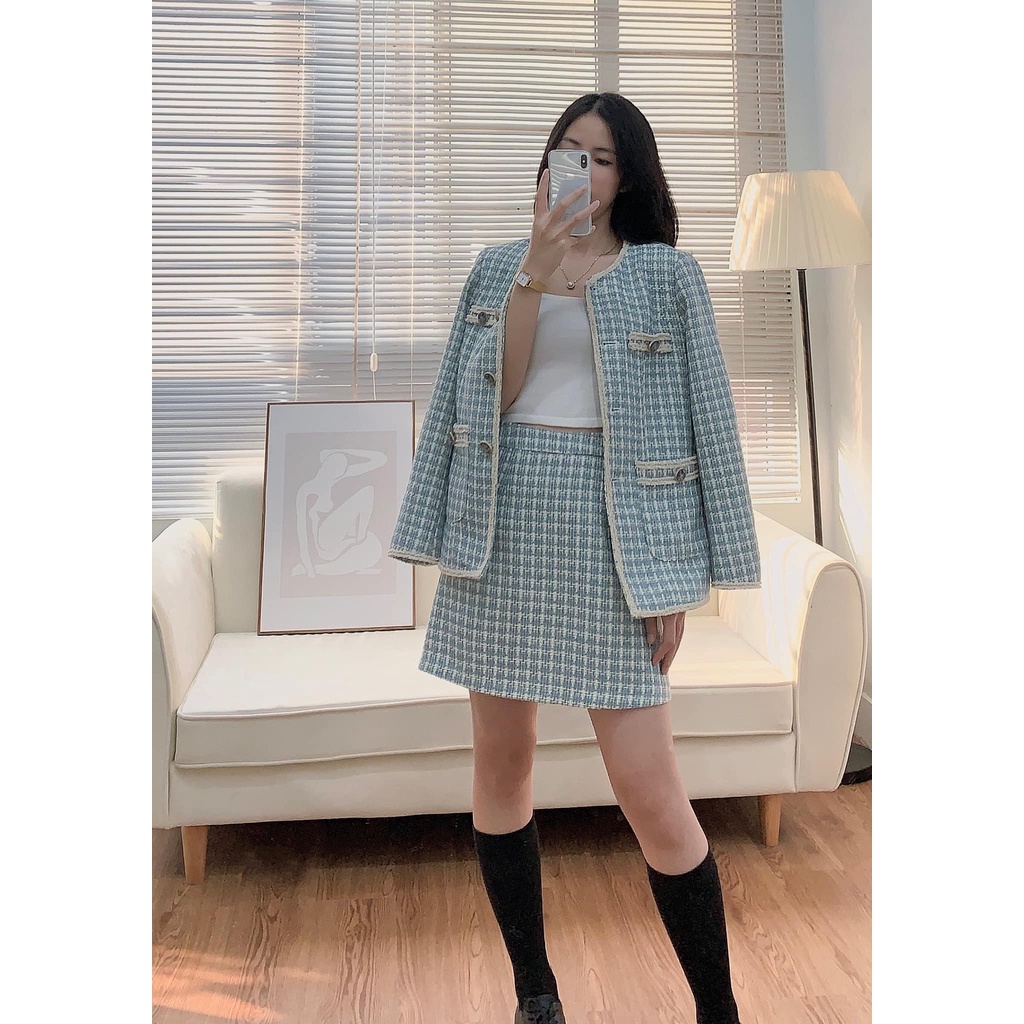 Set dạ stweed thiết kế màu xanh, áo khoác và chân váy tách rời - S.IS22.165