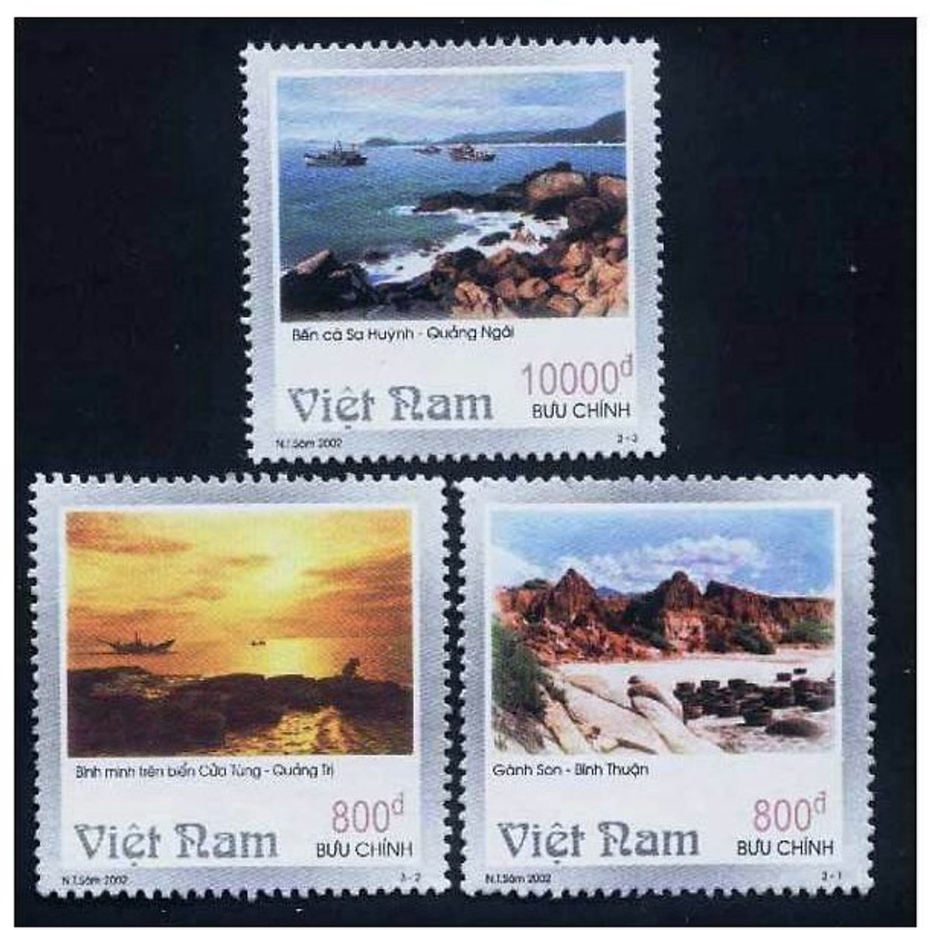Bộ 3 tem sưu tầm phong cảnh Trung bộ với hình ảnh Biển Đảo tem chết và tem sống