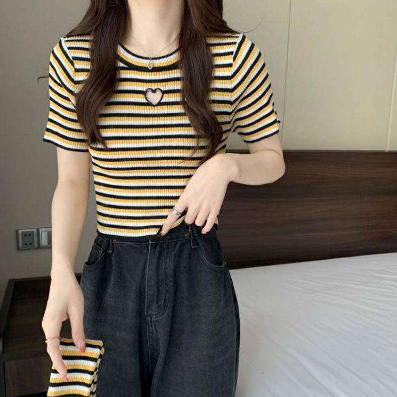 Áo Thun Tay Dài Dáng Ôm Họa Tiết Kẻ Sọc Thời Trang Hàn Quốc Cho Nữ