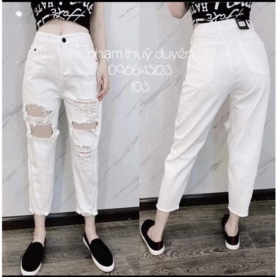 Quần baggy jean nữ màu trắng rách gối to chất jean đẹp mịn co giãn, quần bò nữ ống rộng rách