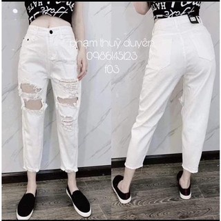 Quần baggy jean nữ màu trắng rách gối to chất jean đẹp mịn co giãn, quần bò nữ ống rộng rách nhiều