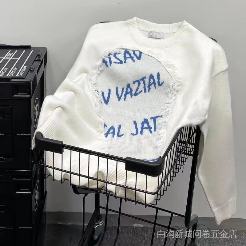 Ông. Áo Sweater Dệt Kim In Chữ Raw Edge Niche Phong Cách Đường Phố Mỹ Thời Trang Thu Đông Cho Nam Và Nữ