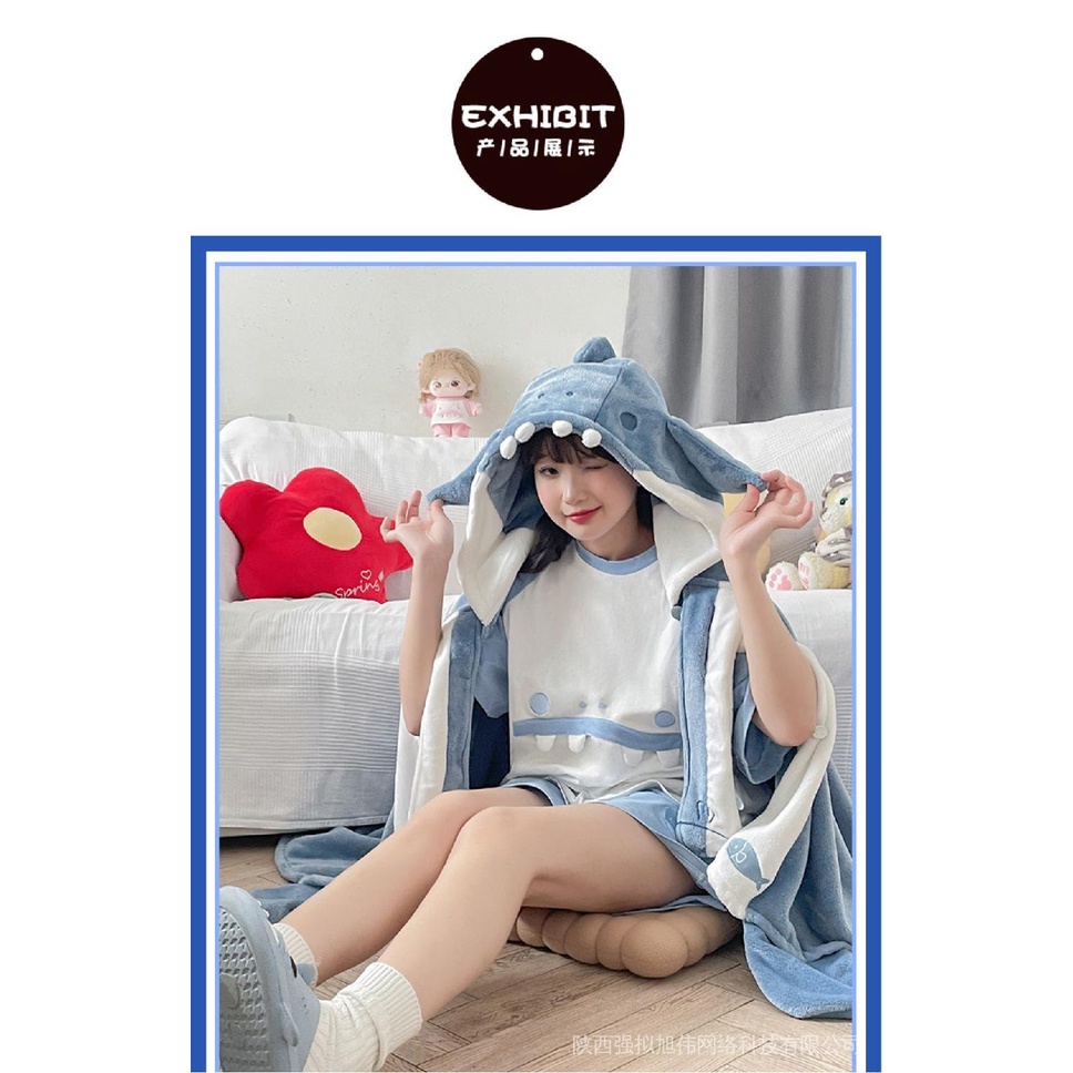 Áo Choàng Ngủ Tay Dài Có Nón Bằng Lông Cừu San Hô Kiểu Hoạt Hình Cá Mập