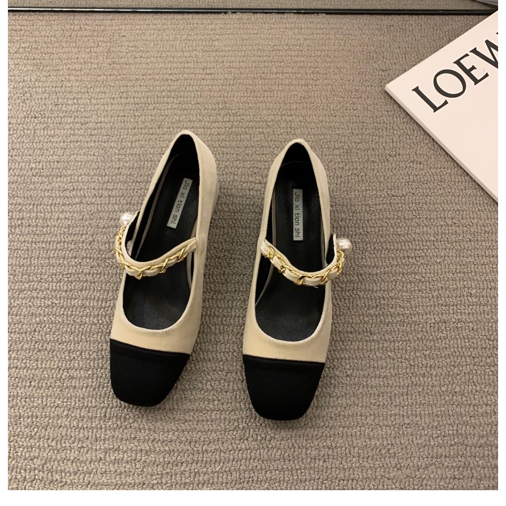 Giày Mary Jane Gót Vừa Phối Nhung Thời Trang Xuân Thu 2022 Mới Cho Nữ