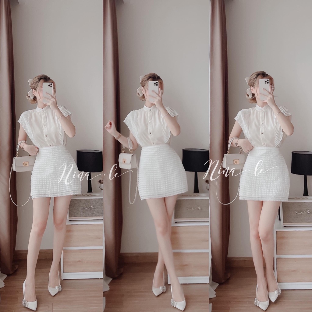 SET ÁO TRẮNG CỔ TRỤ KÈM CHÂN VÁY chất vải voan siêu mịn mát Tanii Clothing