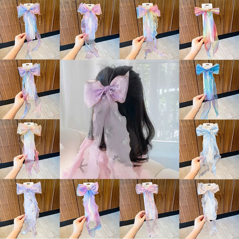 Kẹp Tóc Nơ Phối Lưới Và Đá Tua Rua Dễ Thương Phong Cách Hàn Quốc Cho Bé Gái