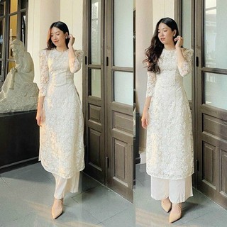 Áo dài cách tân tay bồng phối ren màu trắng kem ANKO, Áo dài nữ 4 tà tay lở đẹp có 4 size