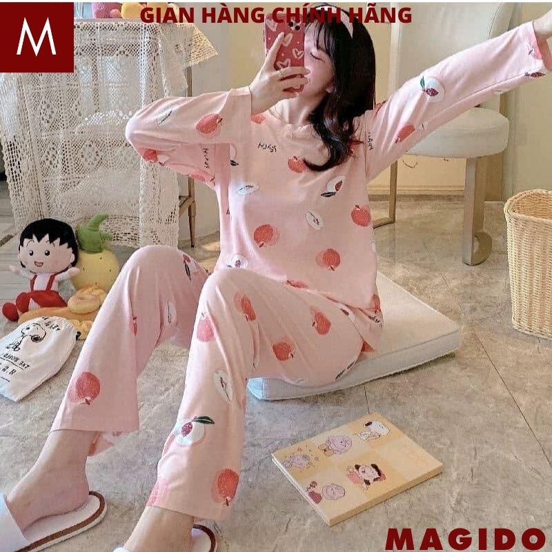 Bộ ngủ nữ pijama dài tay chất thun cotton họa tiết hoạt hình hot, Đồ ngủ nữ thu đông cute nhiều màu siêu xinh - MAGIDO