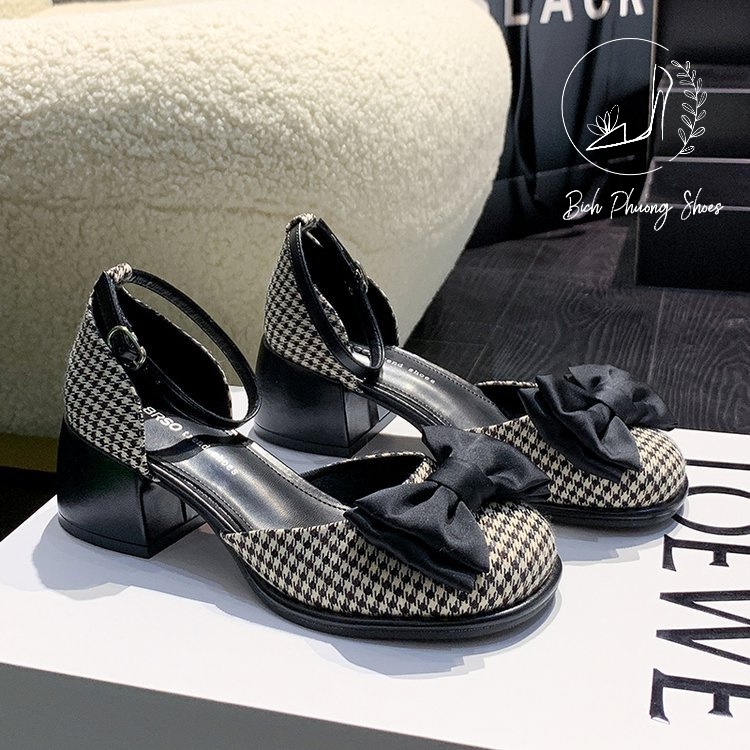 Giày búp bê kẻ đính nơ gót vuông 5cm phong cách tiểu thư bichphuongshoes