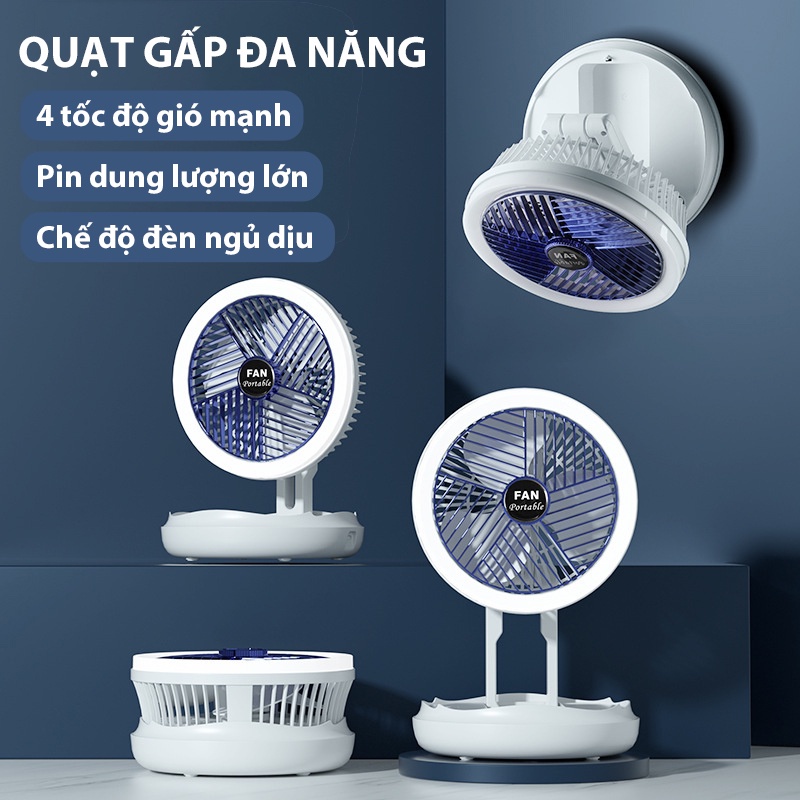 Quạt mini gấp gọn JIASHI quạt tích điện để bàn tích hợp đèn ngủ 4 tốc độ gió dung lượng pin lớn 2400mAh QMN05