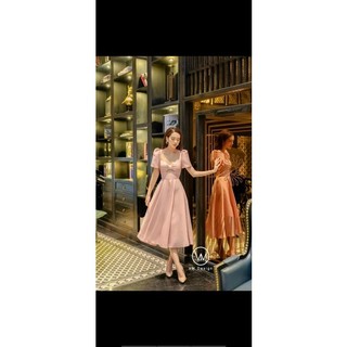 [11.11 Sales Freeship] Váy đầm nữ thiết kế đi tiệc, đầm hồng cổ vuông tay phồng nơ hở ngực dáng xòe chất tapda chanh sả