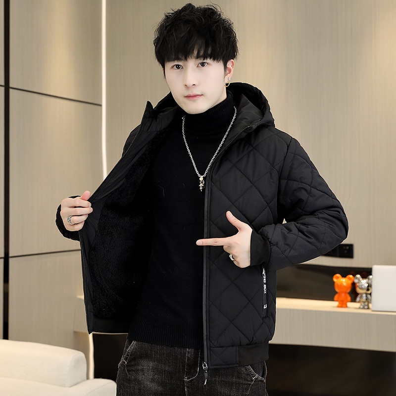 Áo Khoác Đệm Cotton Lót Lông Cừu Họa Tiết Kẻ Sọc Có Nón Giữ Ấm Mùa Đông Trẻ Trung Dành Cho Học Sinh