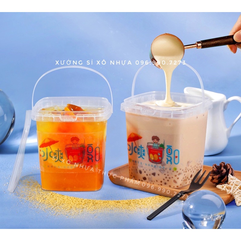 (SET 10 | 1000ML) Xô Nhựa DÁNG VUÔNG Quai Xách, Xô trà sữa, Xô bánh kẹo , Xô đựng hoa quả khô mứt Tết giá rẻ
