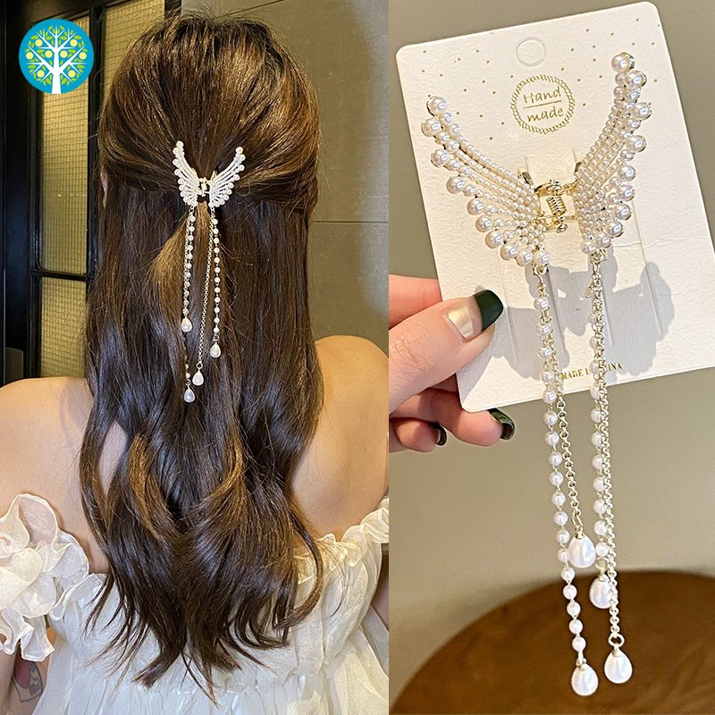 Cặp Kẹp Tóc Bán Nguyệt Đính Ngọc Trai Hình Bướm Và Dây Tua Rua Thời Trang Cao Cấp