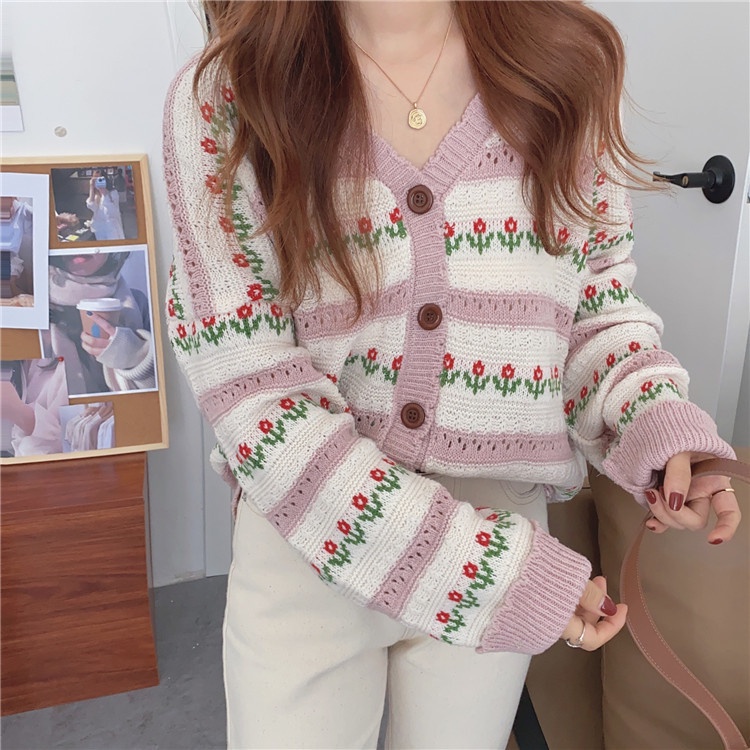 IELGYÁo Khoác cardigan Họa Tiết Hoa Phong Cách retro Hàn Quốc Dễ Phối Đồ Cho Nữ