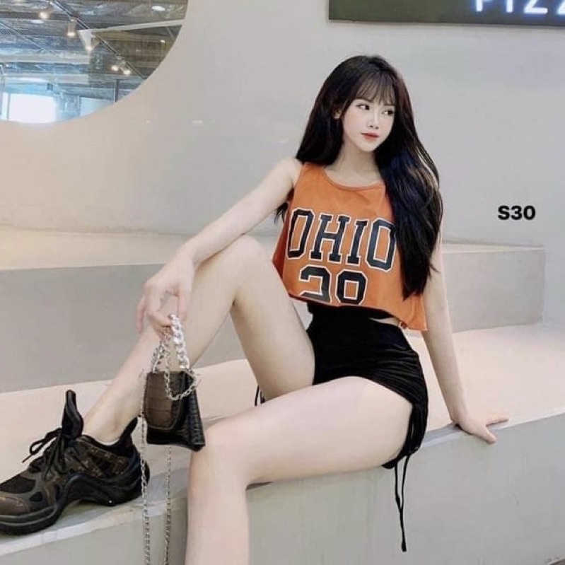 Sét 3 món croptop kèm quần rút dây 2 bên thể thao năng động chất cotton thoáng mát