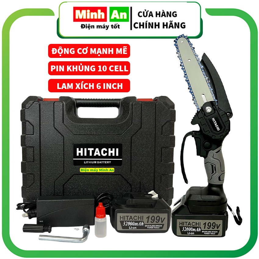 Máy cưa xích cầm tay, máy cưa mini dùng pin HITACHI 199V pin 10cell lam xích 6inch cưa gỗ siêu khỏe bảo hành 6 tháng
