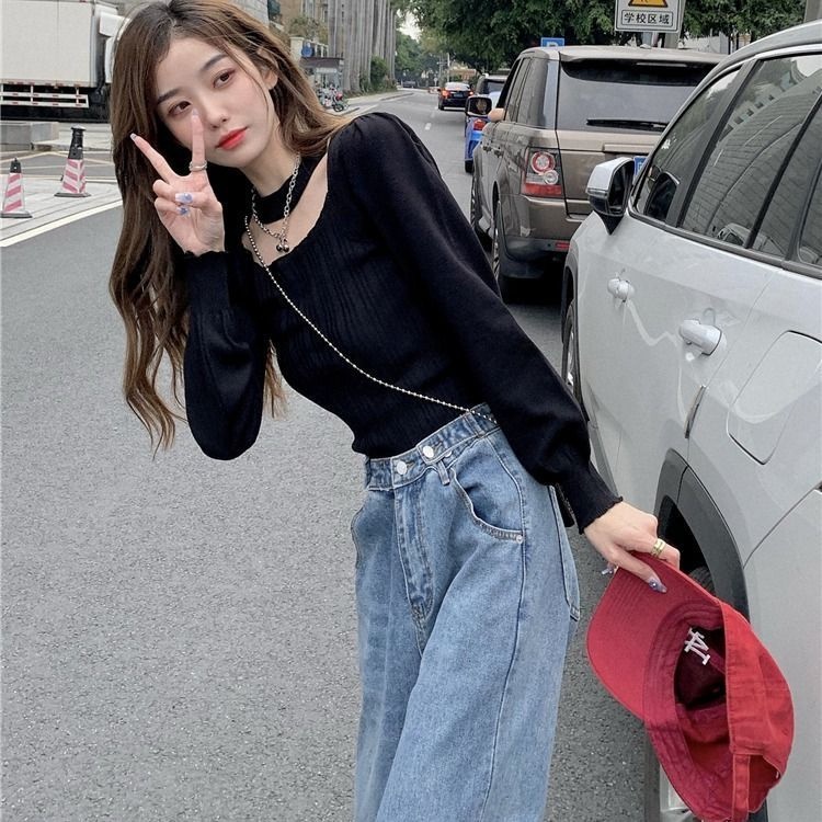 ZHELIHANGFEI Áo Dệt Kim Tay Dài Cổ Vuông Eo Cao Quyến Rũ Dễ Phối Đồ