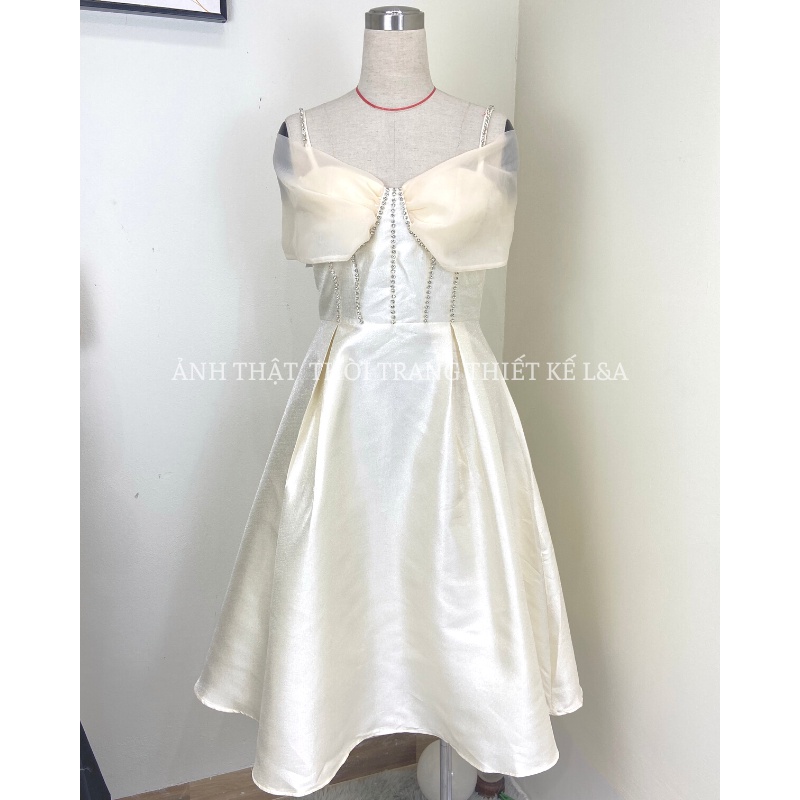 Đầm thiết kế dáng xoè, đầm trễ vai đính đá vải tapta cao cấp