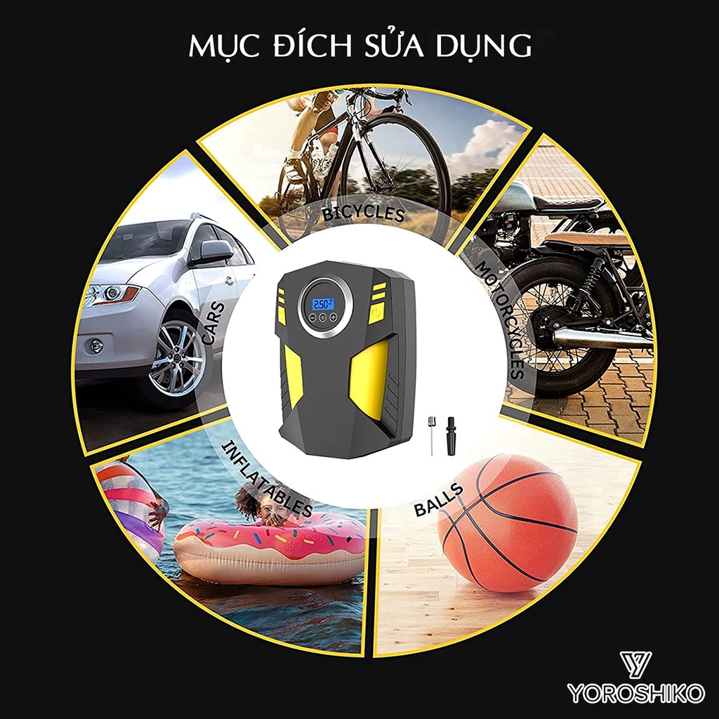Máy Bơm xe ô tô Mini Cao Cấp đa chức năng Nhỏ gọn Tiện dụng Tặng kèm 3 đầu bơm YOROSHIKO 2022