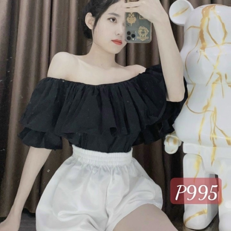 Áo trễ vai tay phồng bánh bèo tầng siêu xinh 2 lớp dày dặn