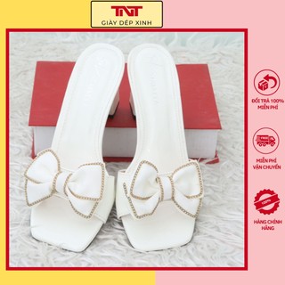 Dép lê cao gót 7 phân mũi vuông cho nữ tnt store dép cao gót quai nơ mũi vuông siêu xinh tnt05