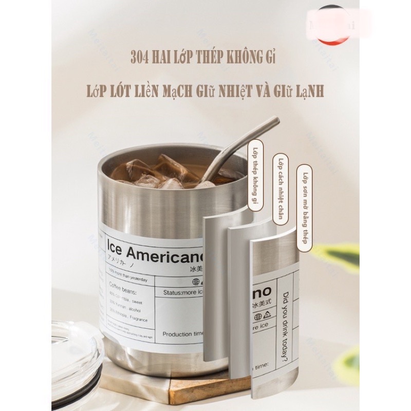 Bình giữ nhiệt KÈM TÚI Iced Americano 600ml inox 304 kèm ống hút Inox mẫu mới 2022