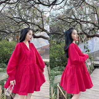 Váy đầm babydoll cổ v dây tay dài chất nhung tăm