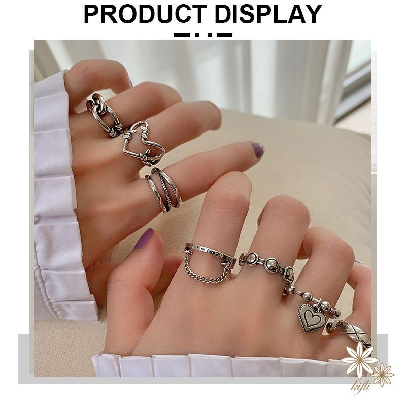 Bộ 7 Nhẫn Hình Học / Trái Tim Đính Đá Phong Cách Punk Hiphop Thời Trang Có Thể Điều Chỉnh