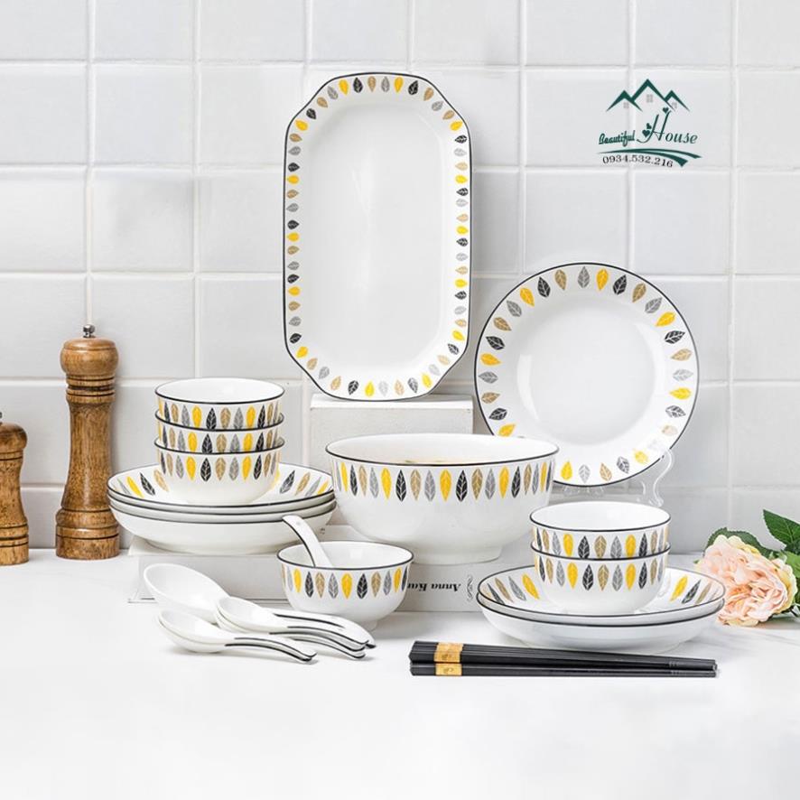 Bộ Bát Đĩa Phong Cách Nhật Bản Hình Lá Chất Liệu Sứ Đặc Cao Cấp - Mẫu 4