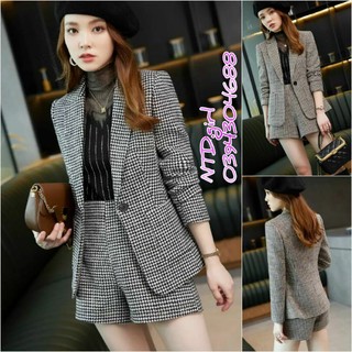 Hàng nhập - Set bộ vest nữ short vải dạ caro, sét đồ thời trang quần áo blazer ngắn sang trọng