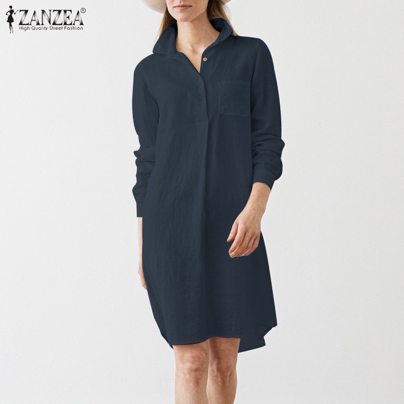 Đầm mini ZANZEA thiết kế dài tay cổ bẻ màu trơn thời trang nữ tính