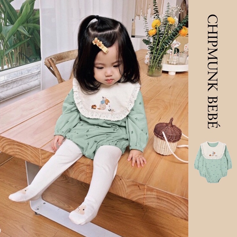 (SALE SIÊU RẺ) Bodysuit xanh mint cổ giả yếm hình thêu cao cấp cho bé gái 12-18 tháng. Chipmunk Bebé