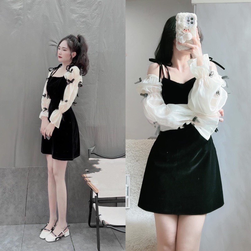 𝙏𝙚𝙩 𝘾𝙤𝙡𝙡𝙚𝙘𝙩𝙞𝙤𝙣/ Đầm nhung tiểu thư chữ A đính nơ phối tay voan phồng