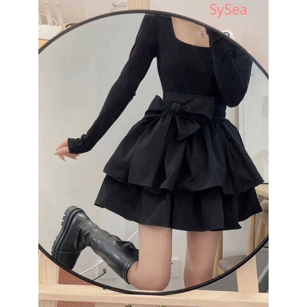 Đầm Đen Tay Dài Cổ Tròn Dáng Ôm Thời Trang Thu Đông Cho Nữ