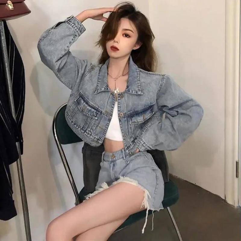 [Set] Áo Khoác Denim Dáng Ngắn Cổ Điển Kiểu Mới Mùa Xuân Cho Nữ Váy Ngắn Mỏng Phù Hợp Với Xu Hướng