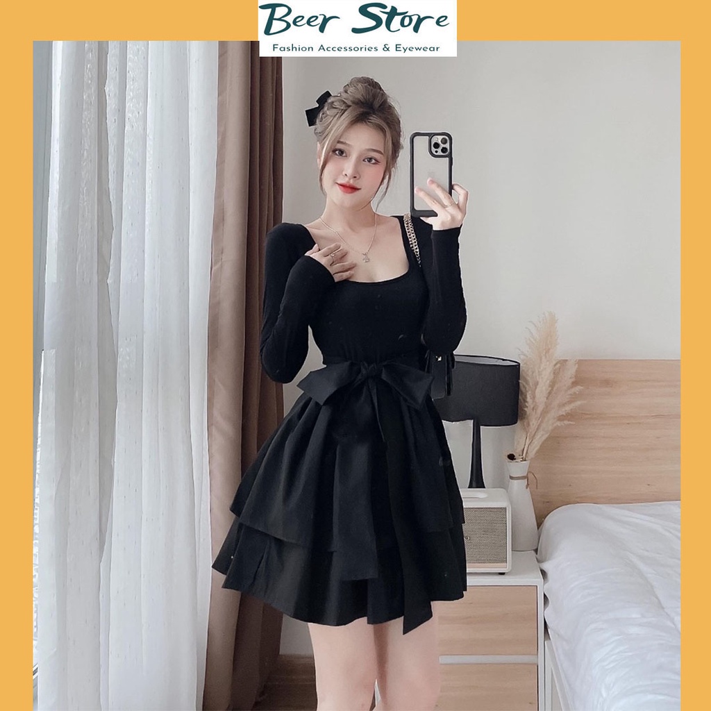 Đầm Thiết Kế Hai Tầng Phối Dây Nơ Buộc Trên Len Tăm Dài Tay Cực Ôm