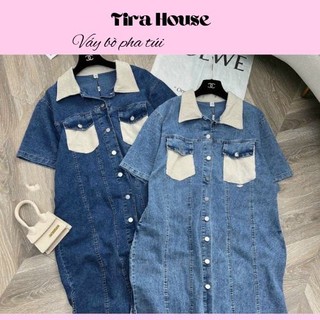 Váy bầu jean trẻ trung năng động Đầm bầu xẻ tà dáng suông Váy bò pha túi TiraHouse