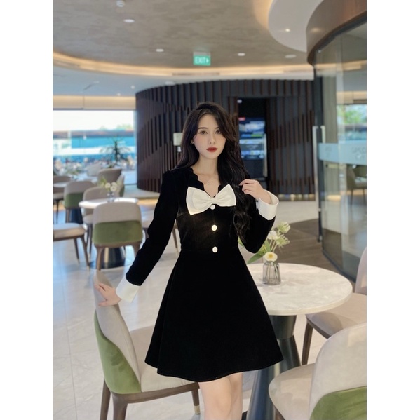 Váy thiết kế nữ nhung nơ tay phối mùa thu KYNA DRESS ELYSNIE.CO design