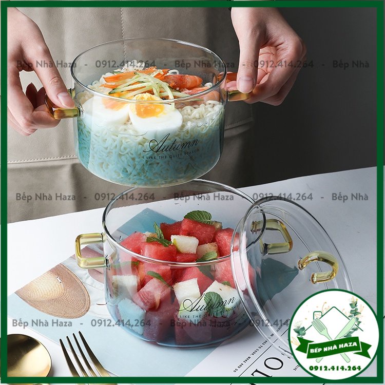Bát Thủy Tinh Trong Suốt Đổi Màu Bắc Âu Hai Tai Có Nắp, Bát Mì Ăn Liền Chịu Nhiệt Gia Dụng [Bếp Nhà Haza]