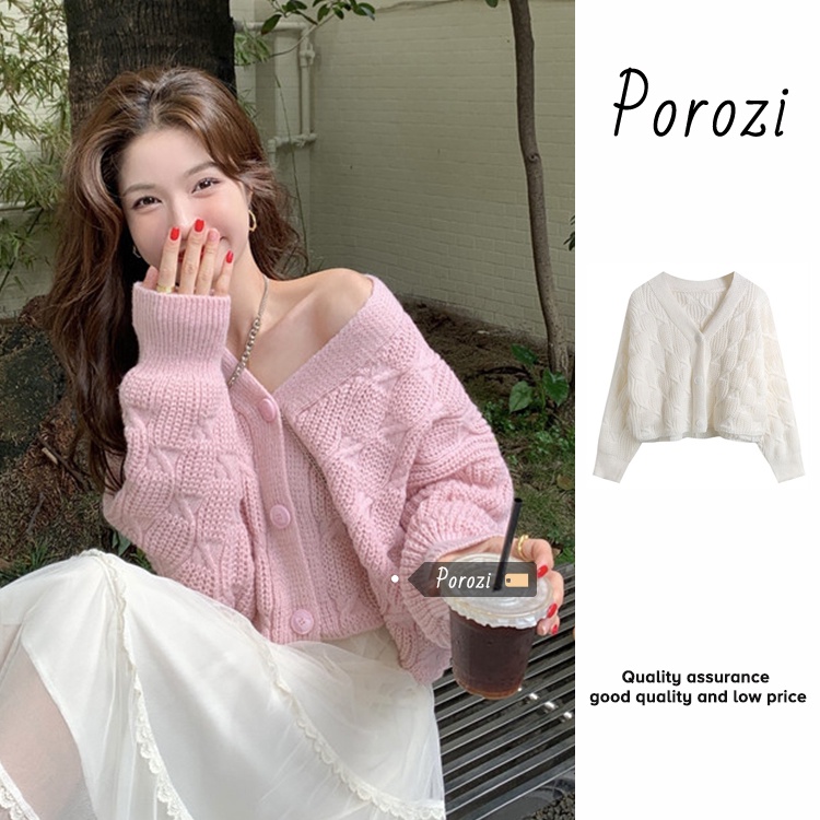 Porozi  Áo khoác cardigan nữ Áo sweater tay dài dáng ngắn thời trang phong cách Hàn Quốc