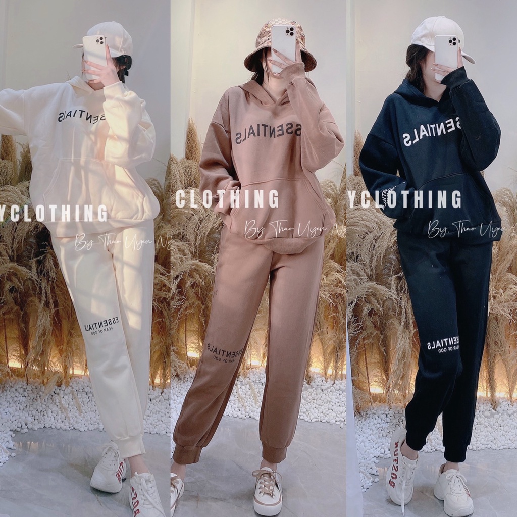 SET HOODIE NỈ TRẺ TRUNG NĂNG ĐỘNG DÀY DẶN NAM NỮ LÊN ĐƯỢC VỚI MÀU KEM, ĐEN VÀ NÂU TRƠN