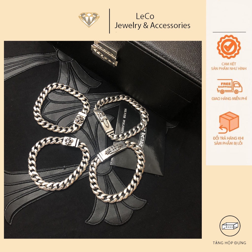 Vòng tay bạc Thái S925 nam nữ, Lắc tay Chrome Heart Dạng xích Mặt khóa hoa văn cổ Mã VT7