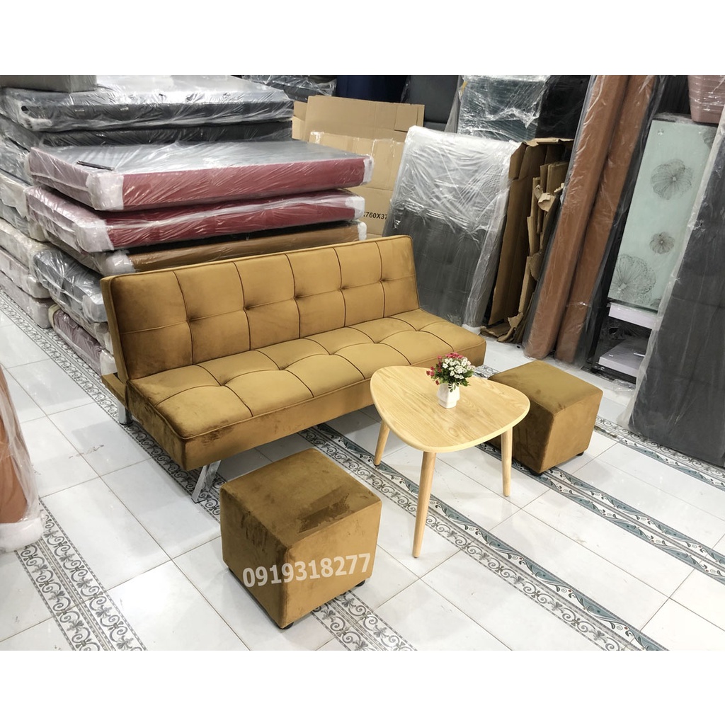 Ghế Sofa Bed Vải Nhung Nâu Chân Inox - Sô Pha Giường Gấp Gọn 3 Chức Năng Nệm Lò Xo Chuẩn Serta