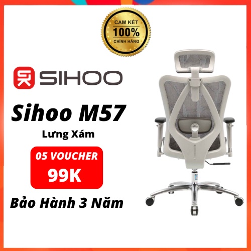 Ghế công thái học văn phòng SIHOO M18, M57 Đen, Xám, Ghế làm việc có tựa lưng, tựa đầu bảo vệ cột sống.
