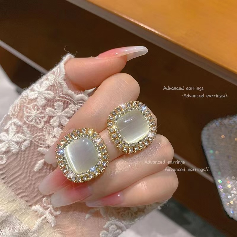 Bông tai nữ AY hình vuông đính đá opal thanh lịch thời trang