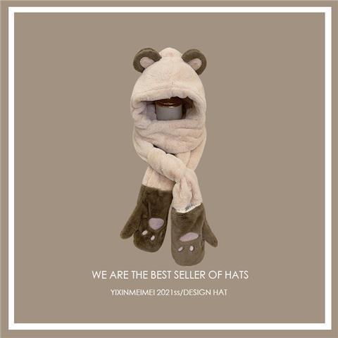 Mũ Trùm Đầu Kèm Khăn Choàng Cổ Và Găng Tay Bằng Vải Bông Dày Chống Lạnh Hình Tai Gấu Dễ Thương Phong Cách Hàn Quốc