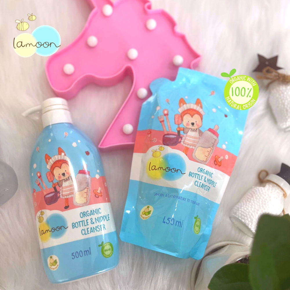 COMBO Nước Rửa Bình Sữa Organic An Toàn Cho Bé Lamoon Dạng Bình 500ml + Túi Refill 450ml